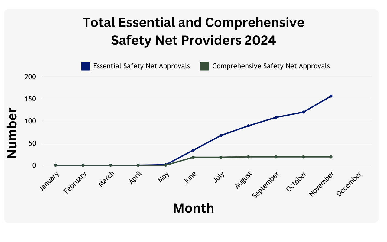 Graph of total essential and comprehensive safety net providers by month in 2024