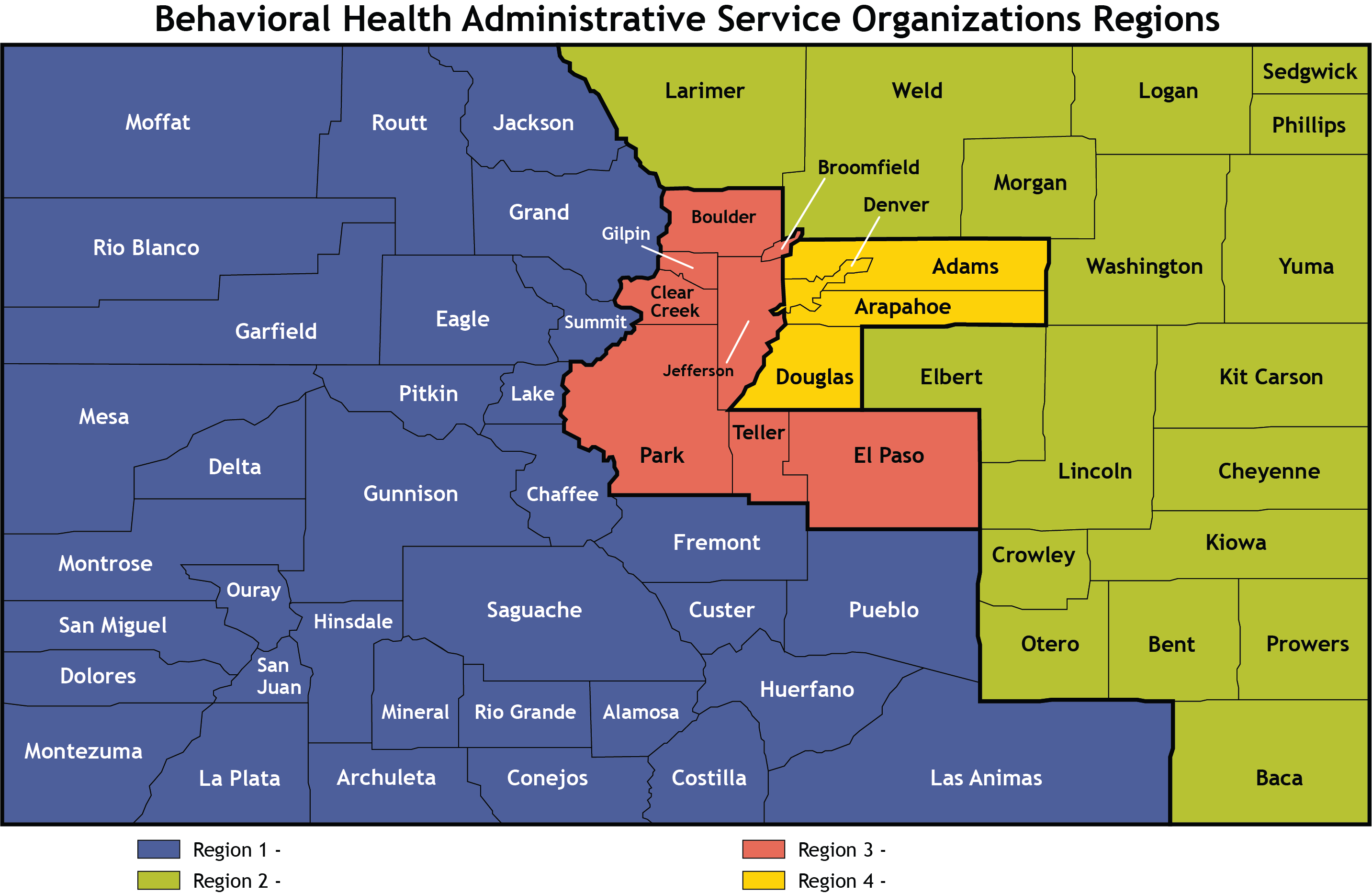 Map describing Behavioral Health Administration Service Organizations regions by color. There are four regions.